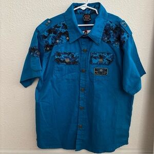 New, New York Enyce Boys Sz 14 Snap Up Shirt Blue Print Trim Pockets 100% Cotton